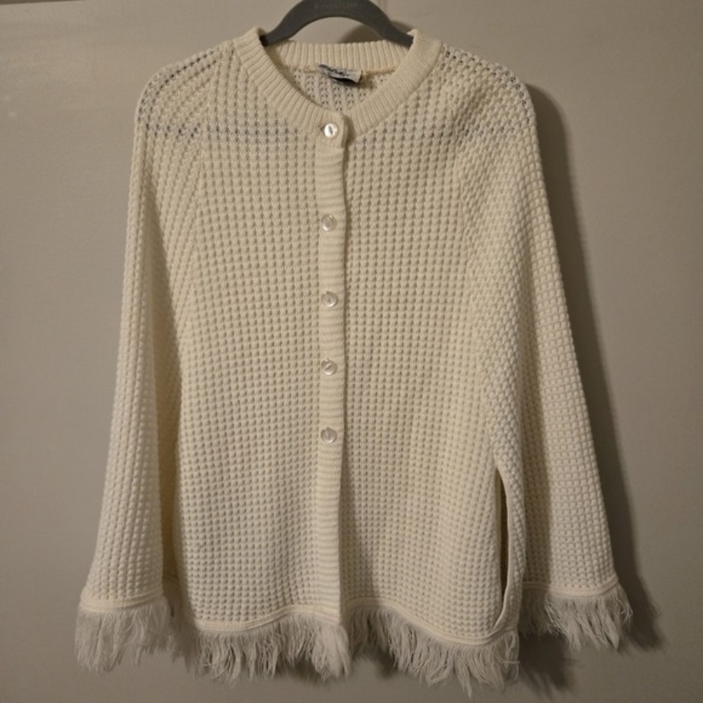 Women's Vintage‎ Wilshire Ivory Cream Knit Kimono Cape Style Sweater Fringe